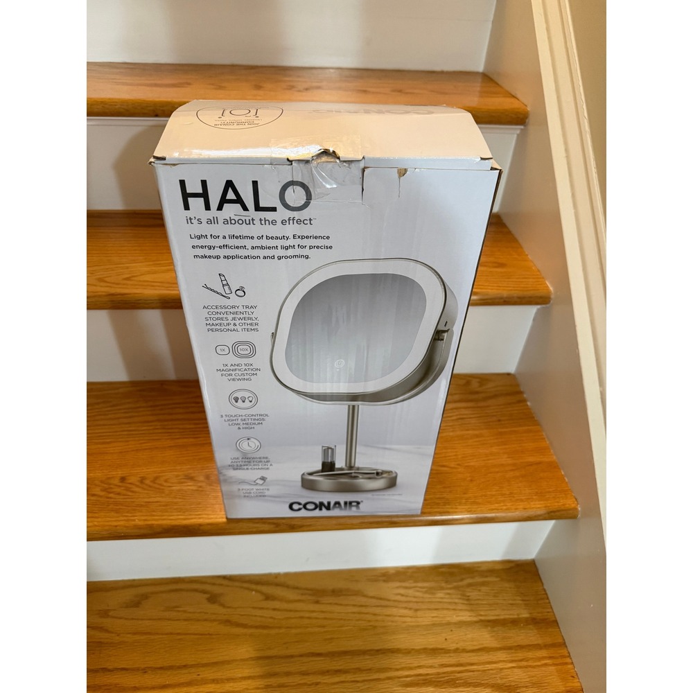 Conair HALO Lighted Vanity Mirror Rechargeable 10x Touch Control Nickel Finish